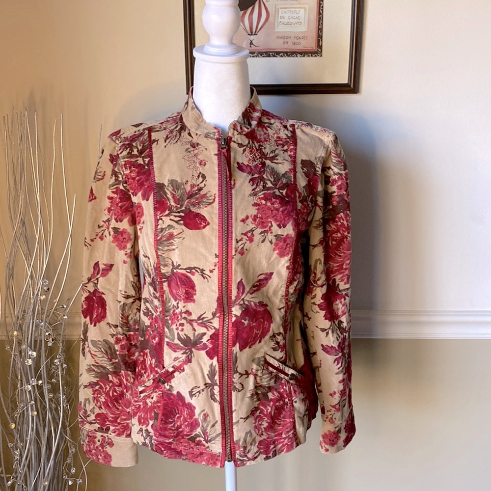 Y2K Amber Sun Floral Print Red Tan Zip Up Corduroy Jacket Size M